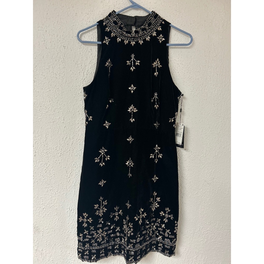 Adrianna Papell Black Velvet Beaded Cocktail Dress AP1E202263 Sleeveless 6
